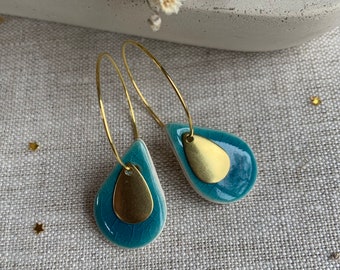 Handmade Turquoise Blue Green Crackle Glaze Teardrop Clay Earrings with Gold Plated Ear Wires - Unique Teardrop Droplet Earrings