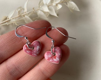 Mini Pink and White Heart Earrings Silver Plated Hooks Handmade modern dainty