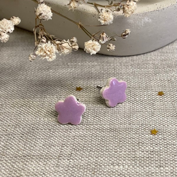 Small Handmade Lilac Ceramic Forget-Me-Not Stud Earrings - Floral Jewelry, Botanical Nature Inspired, Dainty Purple Earrings