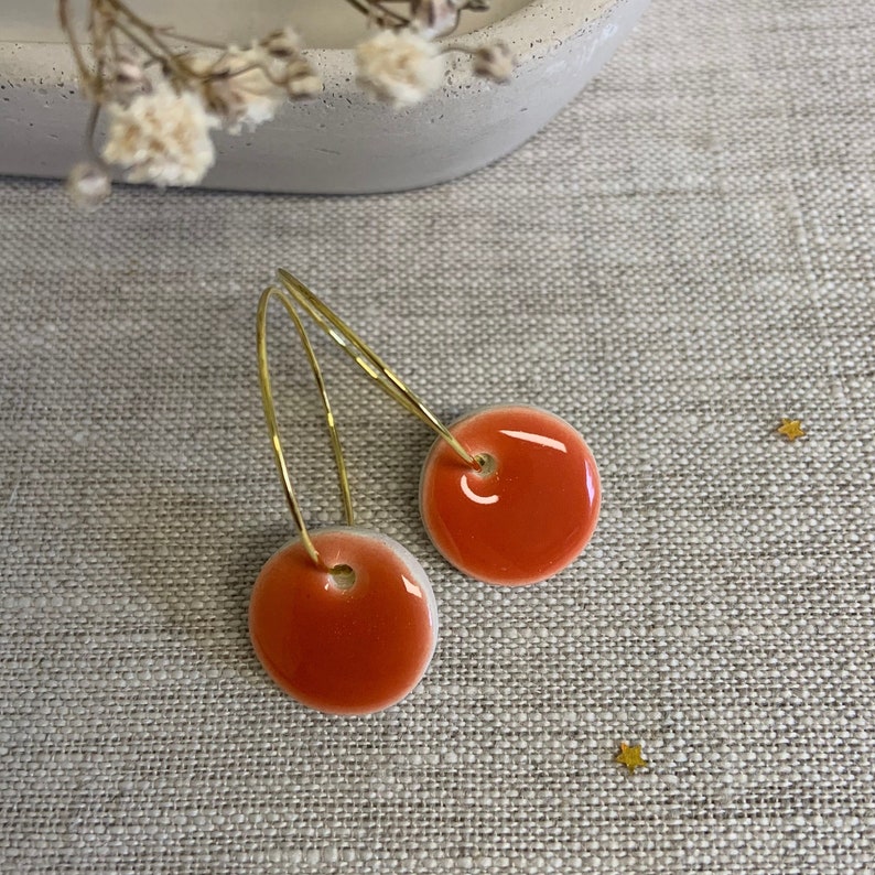 Handmade earrings Handmade bright orange mini ceramic hoop circle earrings image 6