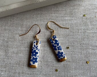 Floral Ceramic Dangle Earrings: Blue Flower Gold Plated Hooks