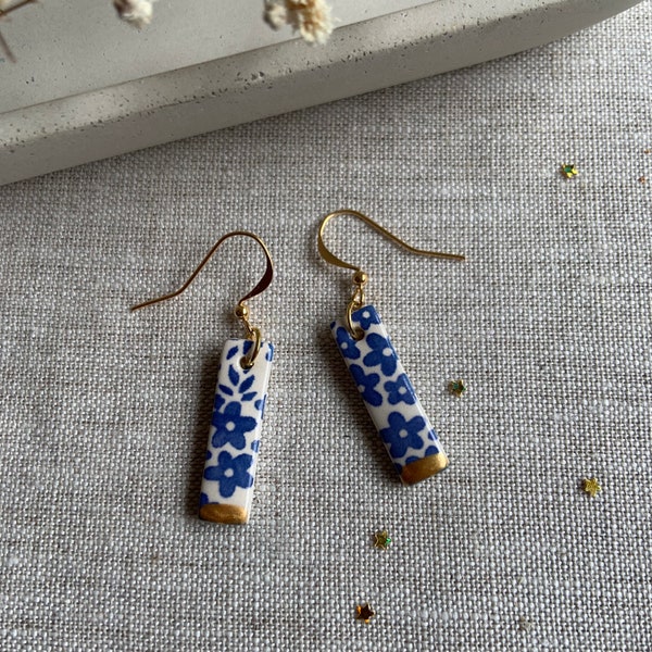 Skinny ceramic earrings, floral dangle earrings, statement earrings, minimalist earrings, gold plated hooks, blue flowers, bar earrings