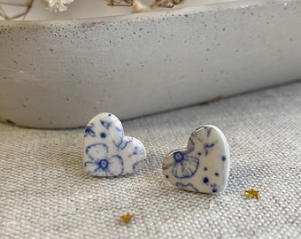 Handmade vintage blue, flower print earrings,  Ceramic Earrings, floral, delft blue earrings, China, heart gift for gardener flower lover