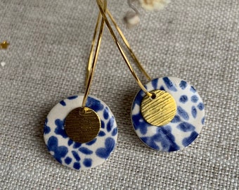 Handmade vintage blue, floral print earring,  Ceramic Gold Hoop Earrings, Round Disk Circle, delft blue earrings, textured gold, flower