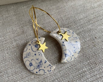 Handmade vintage blue, flower print earrings,  Ceramic Gold Hoop Earrings, floral, delft blue earrings, moon and stars with blue flowers,