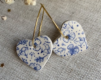 Handmade vintage blue, flower print earrings,  Ceramic Gold Hoop Earrings, floral, delft blue earrings, hearts with blue flowers, china