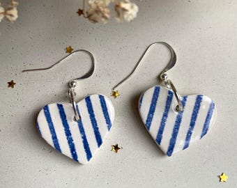 Handmade Ceramic Heart Dangle Earrings: Blue Nautical Stripes