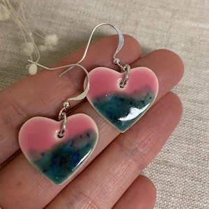 Ombre Ceramic Heart Earrings - Handmade, Silver Plated, Bright Pink & Jade Green