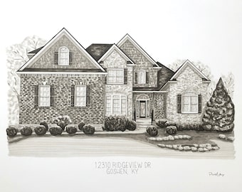 Custom House Portrait: Hand-Drawn Black and White Ink Drawing