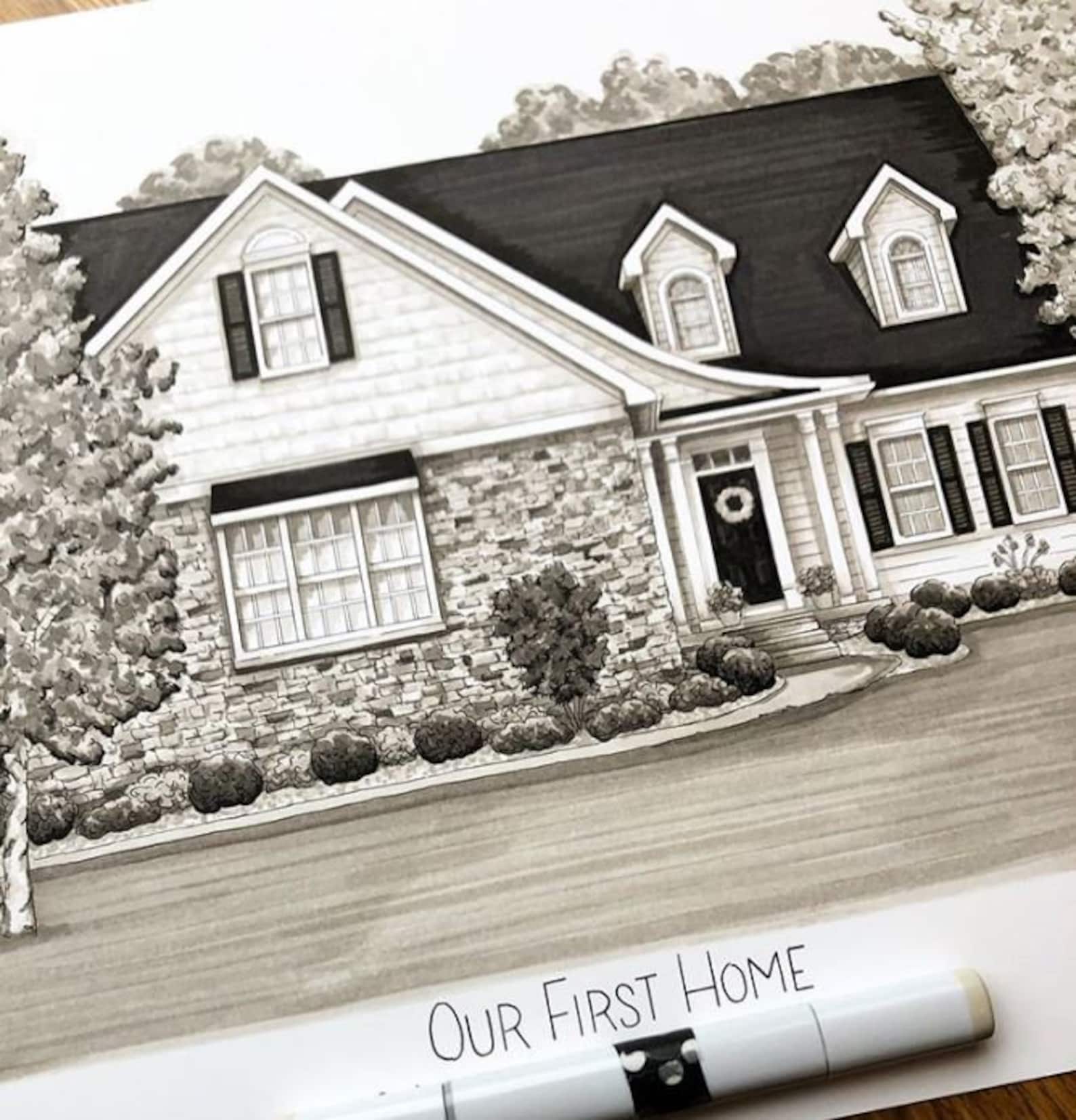 Black and White House Portrait Custom House Drawing Custom Etsy