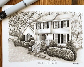 Custom House Portrait: Hand-Drawn Black and White Home Sketch