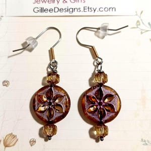 Lavender Flower Dangle Earrings: Gold Faceted Czech Glass, Boho Chic