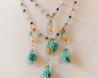 Turquoise Carved Flower Sm Pendants w 2-Chains Mix Tiny Gemstone WireWrap Necklace- Gem Mix with Carnelian Malachite Chalcedony, In Gift Box