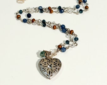 Silver Filigree Locket on Chain Blue Agate & Crystal Bead Mix~ Love Valentine Boho Victorian~ 20in-22in Necklace~ Ready to Ship in Gift Box