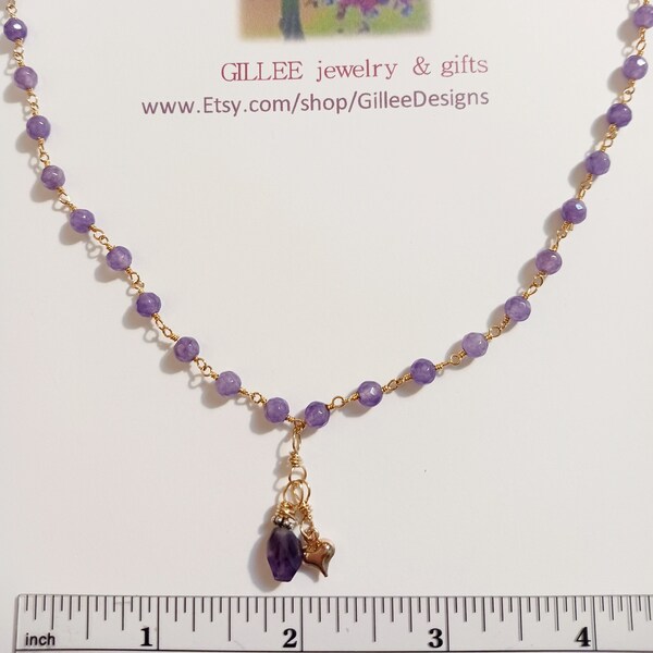 Clearance/Reduced- 16in Necklace- Lavender Jade Faceted Bead Chain w Faceted Amethyst Stone Pendant, Sm Heart Charm Dangles, Sweet Choker