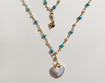 Pearl Heart Pendant 2-Chains Turquoise Beads & White Pearls all WireWrap for Bead Chain- 16in and 22in- Great Gift Necklace- In Gift Box