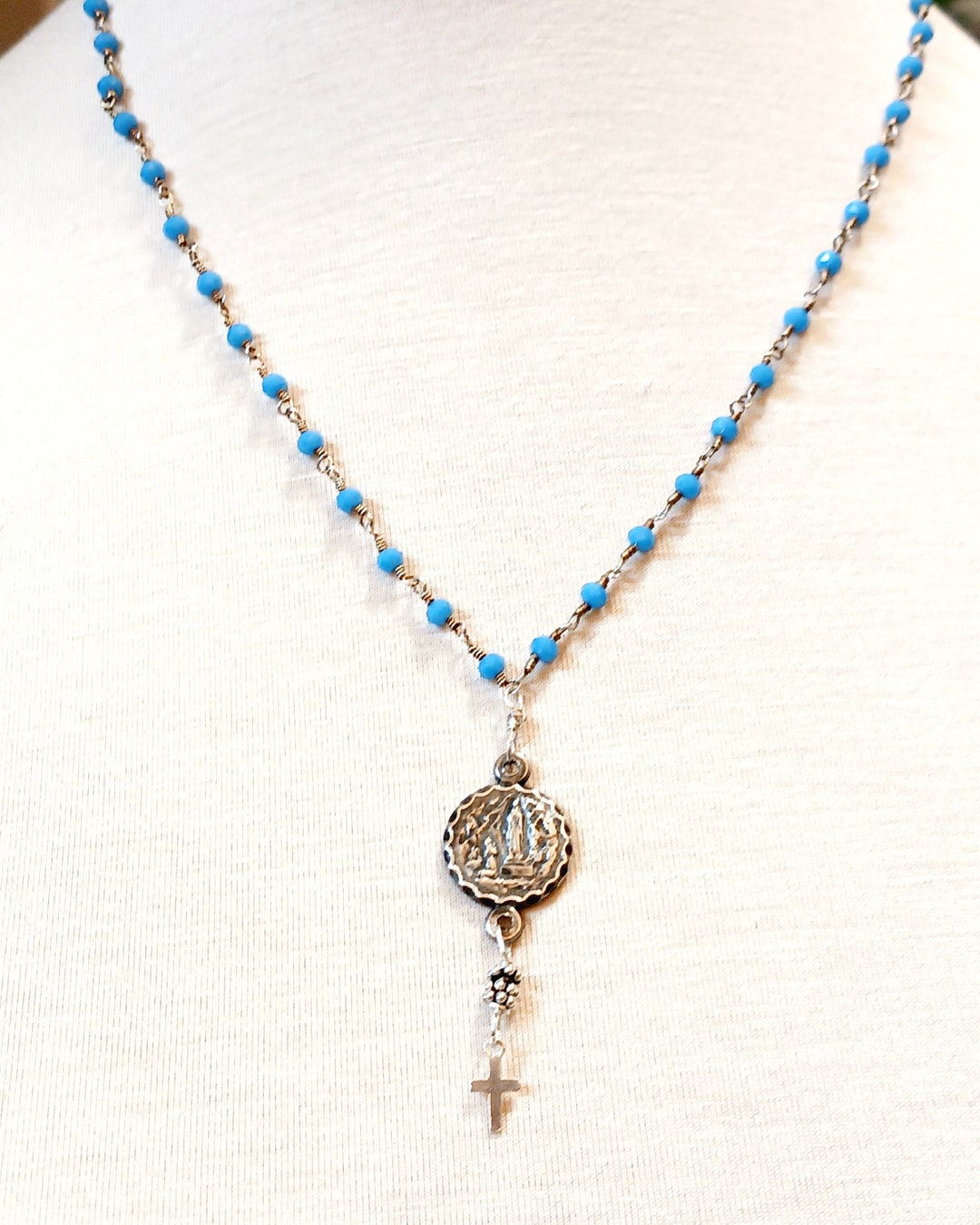 Necklace Vintage Medal Mary, Our Lady of Lourdes~ Faceted Blue ...