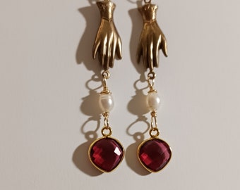 3in Long Dangle Earrings - Pink Tourmaline Gemstone Drops, Victorian Brass Hands, Pearls- Lovely Womens Earrings- Ready to Ship Gift Boxed