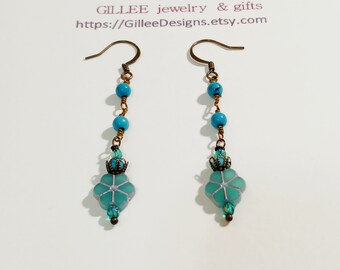 Sweet Dangle Earrings~ Turquoise Flowers Czech Glass, Turquoise/Jasper Semi-precious Beads, Brass Earwires~ Love Valentine Boho~ Gift Boxed
