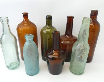 Mixed Lot of Antique Amber Green Blue Whisky Clorox Glass Bottle Collection