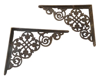 Pair of Cast Iron Metal Corner Brackets Matching Ornate Right Angle Shelf Parts