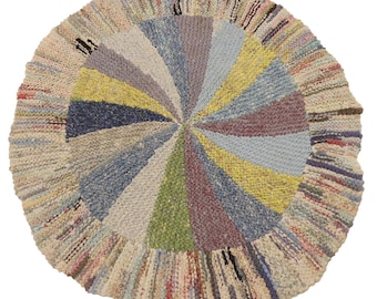 Vintage Hand Knitted Multi-Color Hooked Rug Spiral Earthtone Decorative Circular