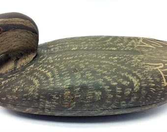 Carved Painted Gray & Black Wooden Duck Decoy – Decorative with Plastic Eyes