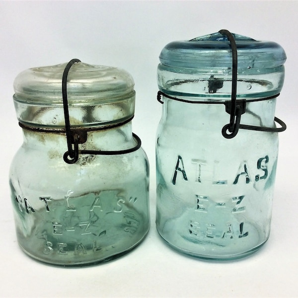 Unmatched Pair Atlas E-Z Seal Blue Mason Jars No 6 8 Trademark Reg