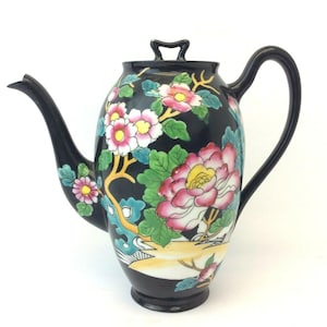 Signed Hand-Painted Nippon Japan Black Porcelain Teapot - Floral Kitchen Decor