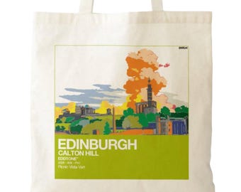 May include: A cream-colored canvas tote bag featuring a graphic illustration of Calton Hill in Edinburgh. The print displays a stylized landscape with orange clouds, green hills, and architectural structures, with the text EDINBURGH CALTON HILL.