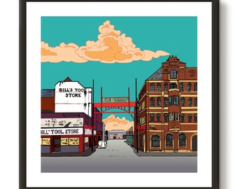 May include: Illustration of a street scene with buildings and a red archway. The sky is teal with orange clouds. The buildings include "Bill's Tool Store" and "The Barras" archway. A white van is on the street.