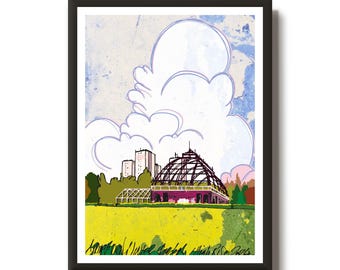 May include: A framed art print featuring a colorful illustration of a building with a domed roof, set against a backdrop of a large cloud and a yellow field. The artwork includes buildings, trees, and text at the bottom.