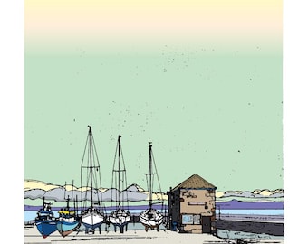 Sueños del puerto - Musselburgh, Escocia, impresión Giclée de 10 x 10 pulgadas