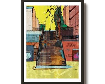 May include: Framed art print of a street scene with a person walking up a long set of stairs. The artwork features a vibrant color palette with yellow, orange, and brown tones. Graffiti art is visible on the walls.