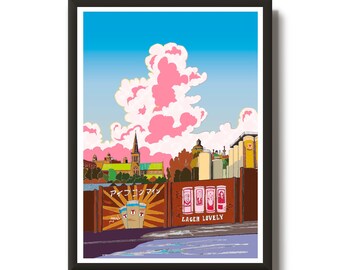 May include: A framed art print featuring a colorful cityscape with a blue sky and pink clouds. A brick wall displays the text "Lager Lovely" and Japanese text. The artwork has a retro, illustrative style, with a focus on architectural details and vibrant colors.