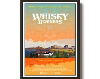 May include: Framed poster with the title "Whisky Business" in a stylized font. The poster features a landscape with mountains, trees, and a building, set against a gradient orange and blue background. Text at the top and bottom.