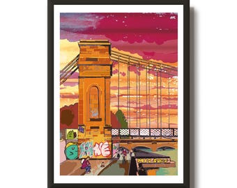 May include: Framed art print of a bridge with a vibrant sunset backdrop. The bridge is depicted in shades of orange and brown, with graffiti art on the support structure. The sky transitions from pink to orange, creating a colorful scene.