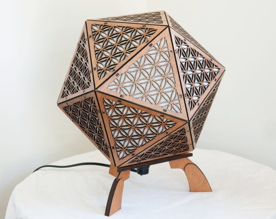Wooden table lamp - bedside lamp - suspension lamp - icosahedron platonic shape - flower of life - Laser cutting.