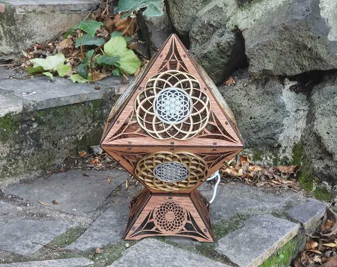 Octahedron platonic shaped wooden lamp with sacred geometry flower of life handmade laser cutting zen yoga light
