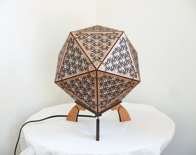 Japanese-style wooden lamp - bedside lamp - suspension - icosahedron platonic shape- sacred geometry - Laser cut.
