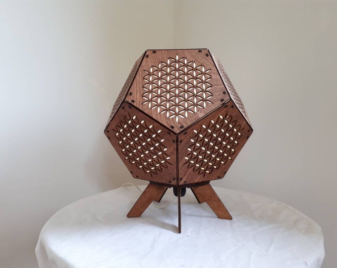 Wooden lamp flower of life - 32 cm - Sacred geometry in the shape of a dodecahedre for a zen and relaxing atmosphere - Artisanal manufacture.