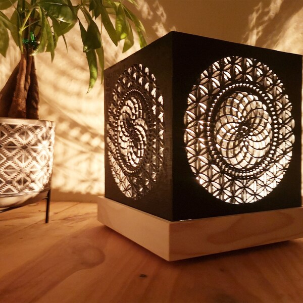 Handmade wooden lamp with flower of life and seed of life laser cut, customizable