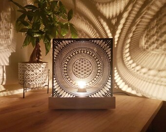 Handmade wooden lamp with flower of life and laser cut mandala, customizable