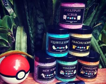 Pokemon Inspired Bath Salt Scrubs - 8oz - Pikachu, Squirtle, Jigglypuff, Mew, Venusaur, Charizard