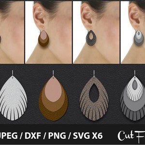 May include: Four pairs of teardrop-shaped earrings in various designs and colors. The earrings are shown on a model and as individual cut files. The color schemes include black, brown, white, and gray. The image includes the text "JPEG / DXF / PNG / SVG X6" and "Cut Files".