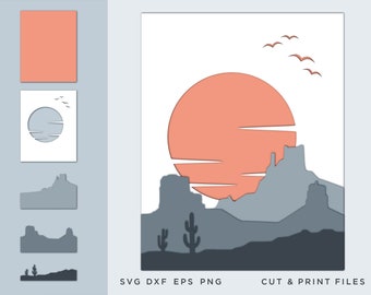 Desert landscape, Png, Eps, Dxf, Svg, Multi-layer files, Layered Landscape, Mountain Silhouette, Scandinavian style. Laser cut