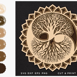 Puede incluir: Un diseño de corte de papel en capas con un árbol de la vida dentro de un símbolo yin-yang, rodeado por un borde decorativo. El diseño utiliza tonos de marrón y beige. El texto en la parte inferior dice "SVG DXF EPS PNG CUT & PRINT FILES."