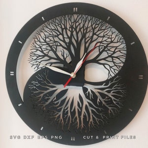May include: Black Yin Yang wall clock with a tree design. The clock has a black outer ring, white hands, and a red second hand. The tree design is cut out of the clock face. The text "SVG DXF EPS PNG" and "CUT & PRINT FILES" is at the bottom.
