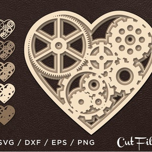 May include: A layered, steampunk-style heart design with gears and cogs in shades of beige and cream. The design includes the text "SVG / DXF / EPS / PNG" and "Cut Files". Several smaller heart designs are also visible.