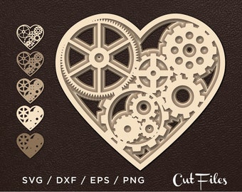 Hart SVG, Cut bestand, hart tandwielen, 3D Vector digitale sjablonen, Dxf Svg Eps Png, SVG door lagen, Cricut DIY, cnc plan